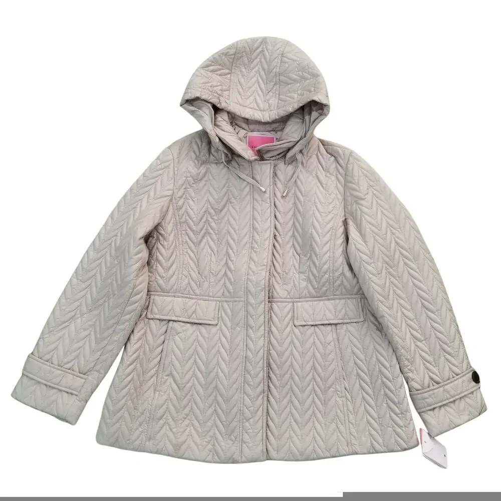 Kate Spade Quilted Moto Jacket Size XL Tan Hooded Coat Water Resistant New